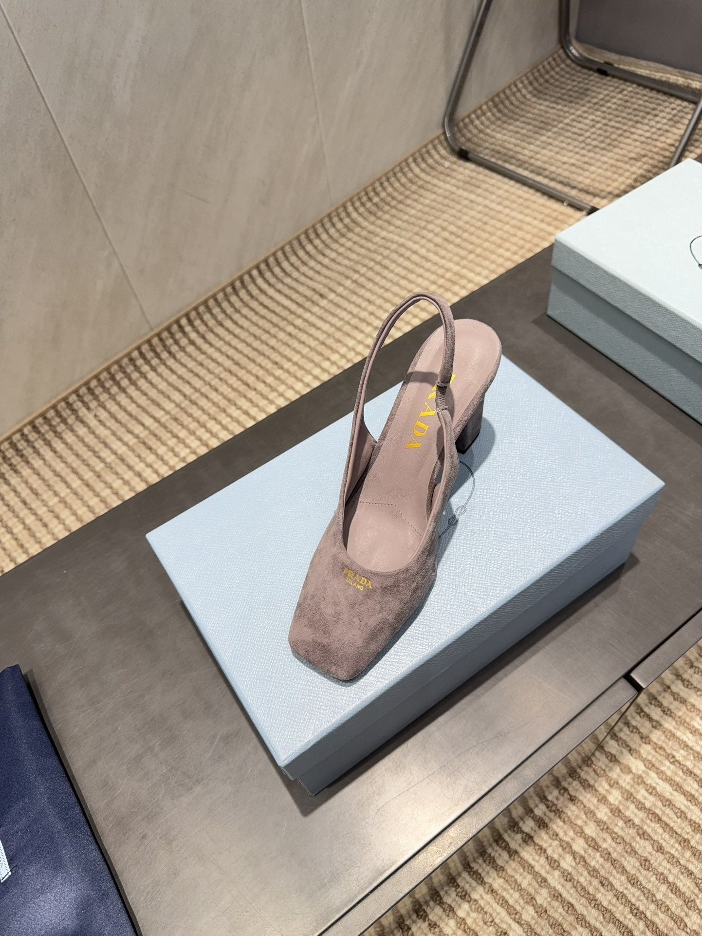 PRADA 26S LOW HEEL SQUARE TOE SLINGBACK SHOES 85MM IN TAUPE BROWN SUEDE