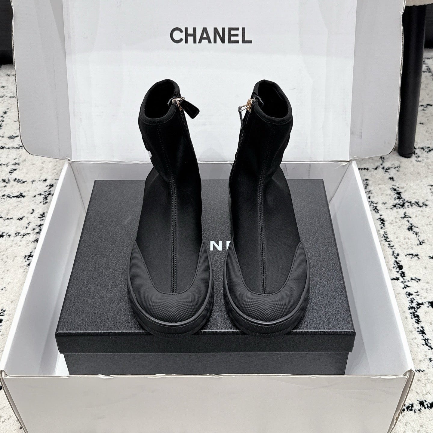 CHANEL 26S ZIPPER BOOTS IN BLACK FABRIC AND LAMBSKIN
