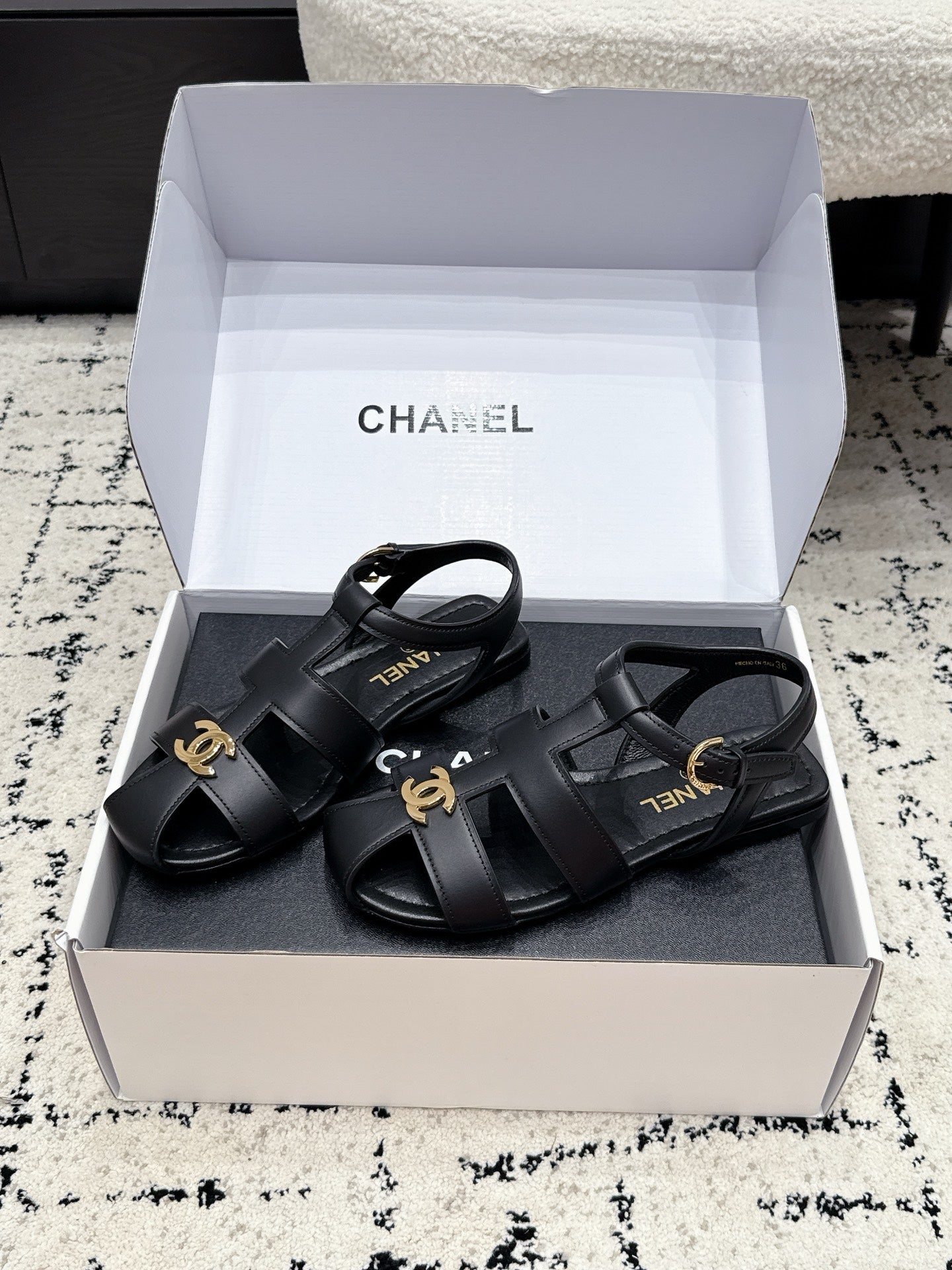 CHANEL 26S SANDALS IN BLACK CALFSKIN WITH GOLD HARDWARE