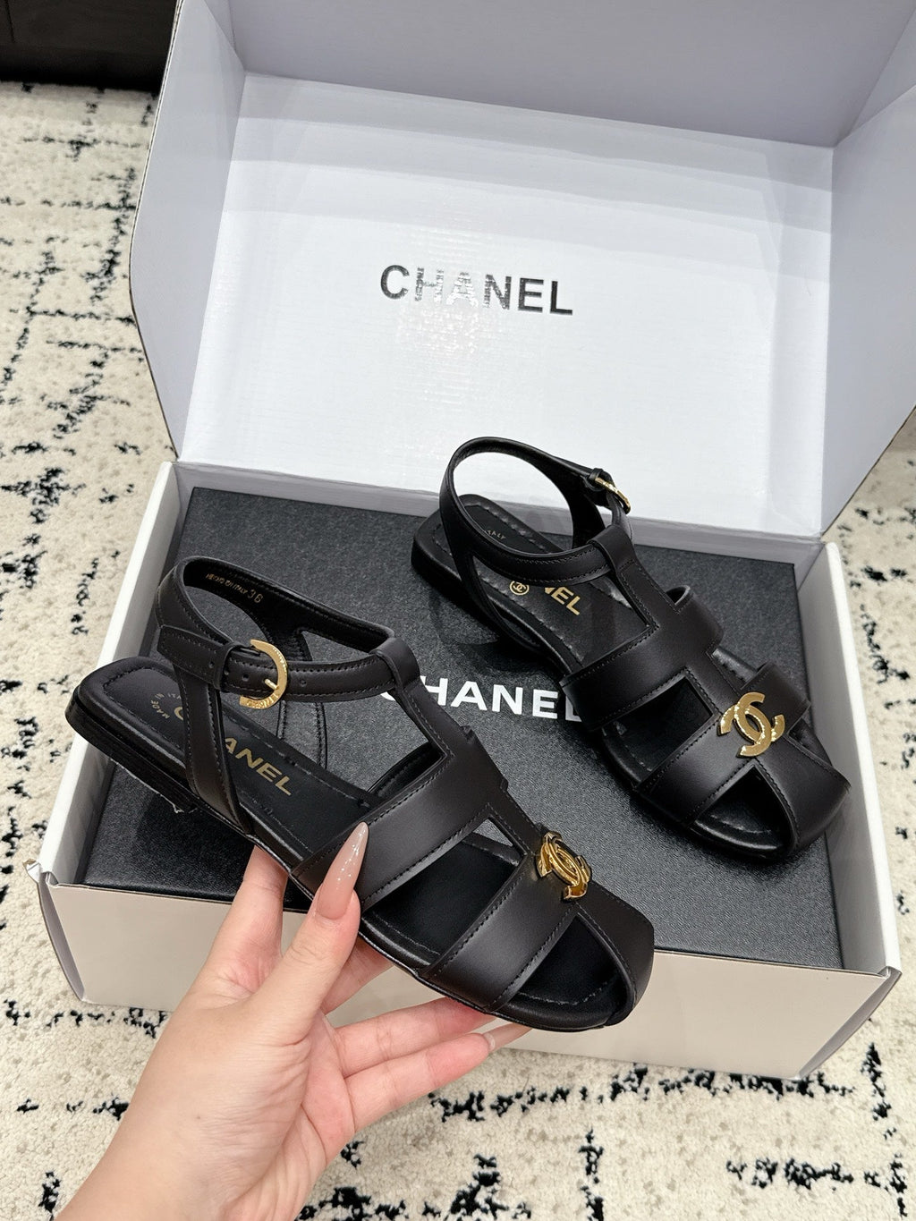 CHANEL 26S SANDALS IN BLACK CALFSKIN WITH GOLD HARDWARE