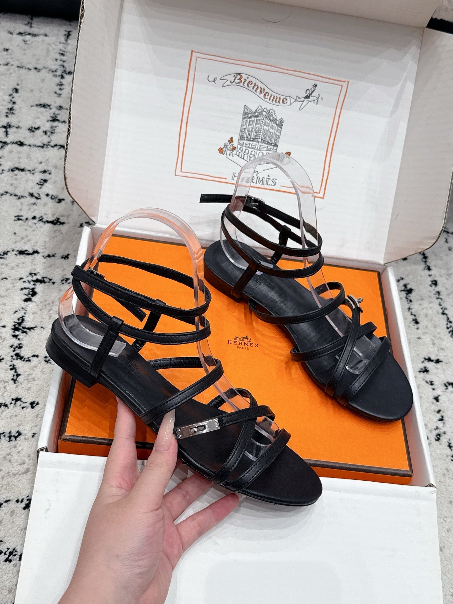 HM 26S STRAPPY SANDALS IN BLACK CALFSKIN SILVER HARDWARE