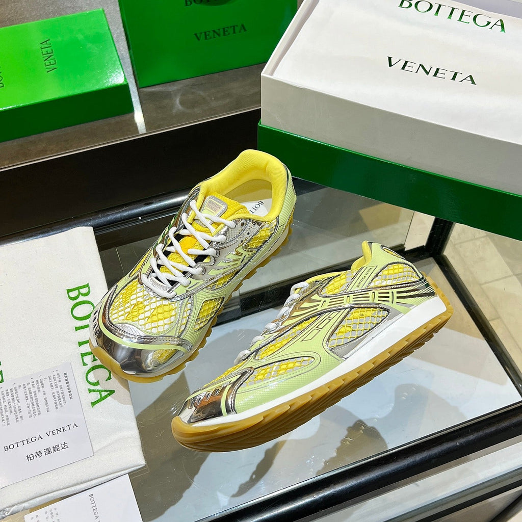 BOTTEGA VENETA 26S ORBIT SNEAKERS IN SILVER AND YELLOW TECHNICAL MESH