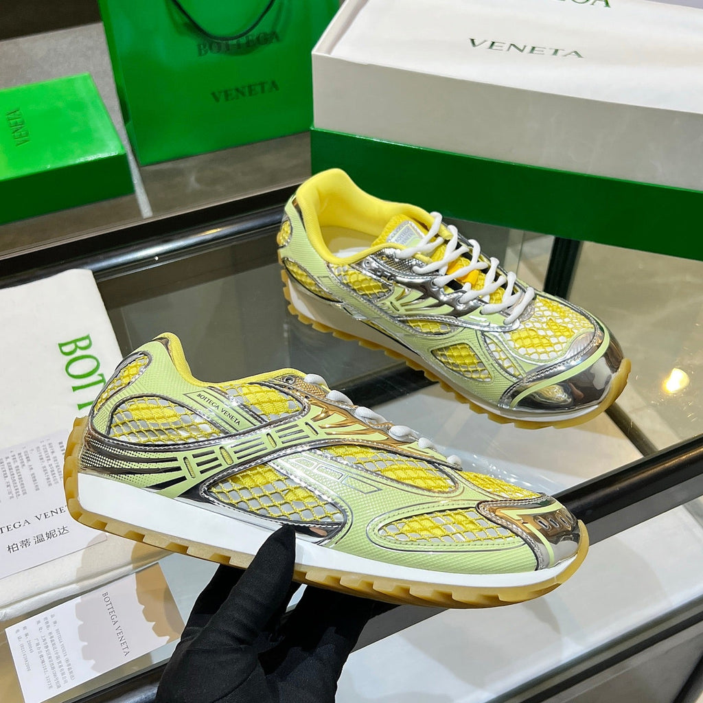 BOTTEGA VENETA 26S ORBIT SNEAKERS IN SILVER AND YELLOW TECHNICAL MESH
