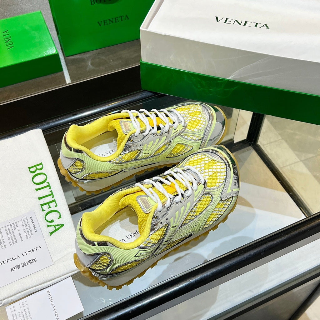 BOTTEGA VENETA 26S ORBIT SNEAKERS IN SILVER AND YELLOW TECHNICAL MESH