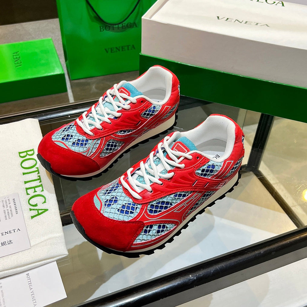 BOTTEGA VENETA 26S ORBIT SNEAKERS IN RED TECHNICAL MESH AND SUEDE