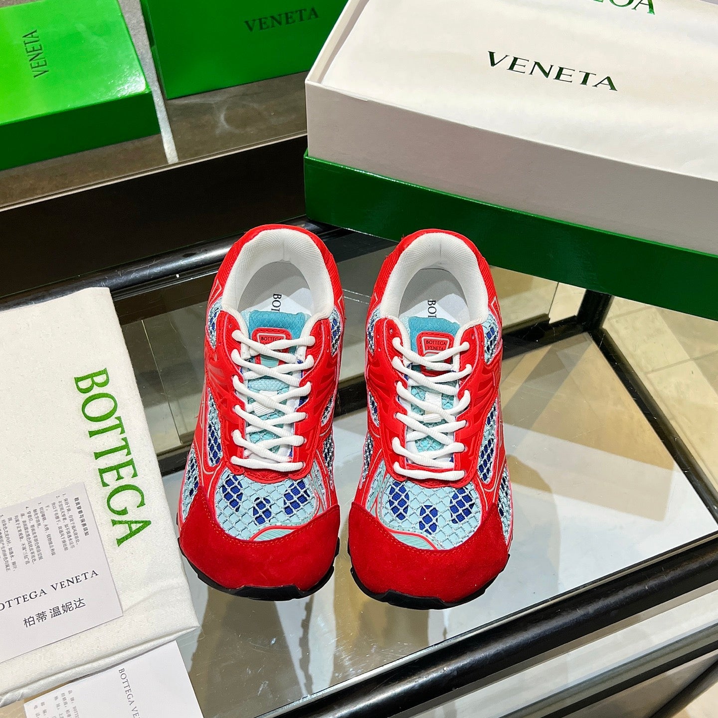 BOTTEGA VENETA 26S ORBIT SNEAKERS IN RED TECHNICAL MESH AND SUEDE