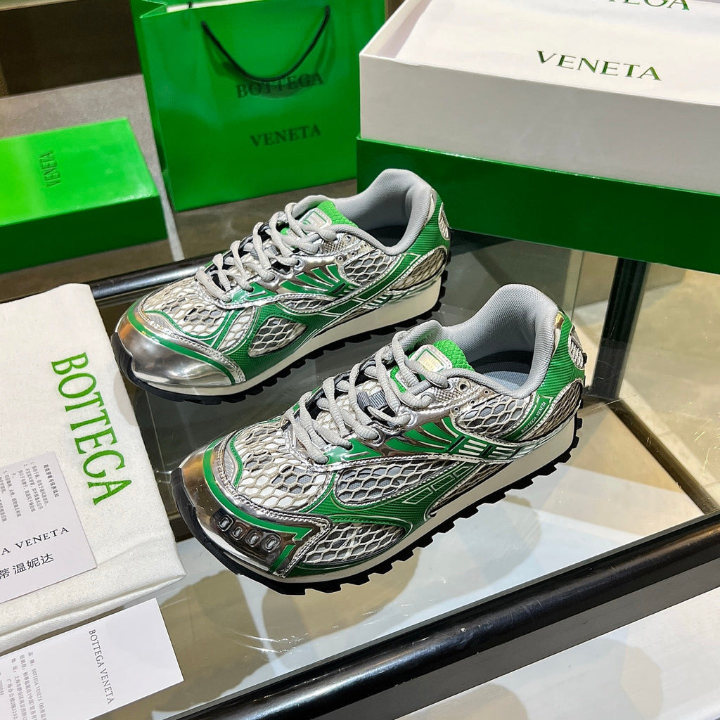 BOTTEGA VENETA 26S ORBIT SNEAKERS IN SILVER AND GREEN TECHNICAL MESH