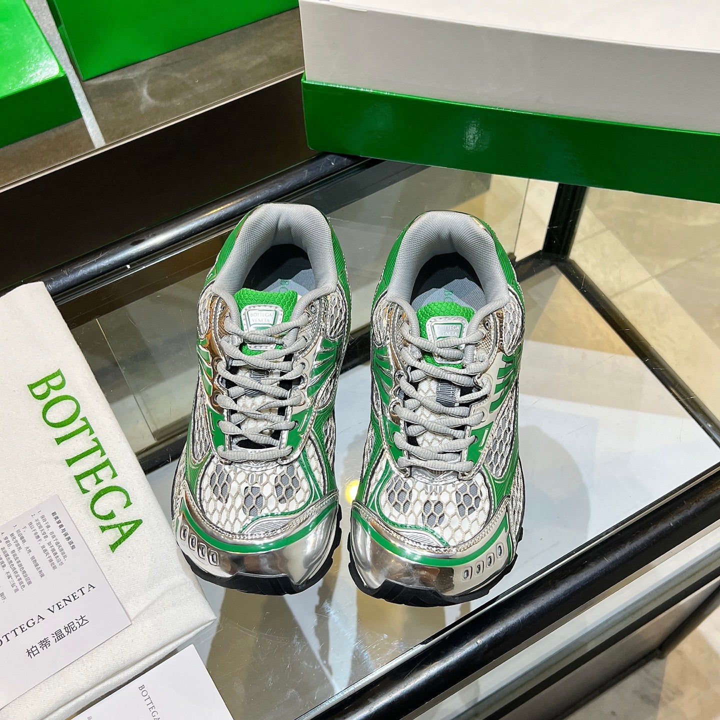 BOTTEGA VENETA 26S ORBIT SNEAKERS IN SILVER AND GREEN TECHNICAL MESH
