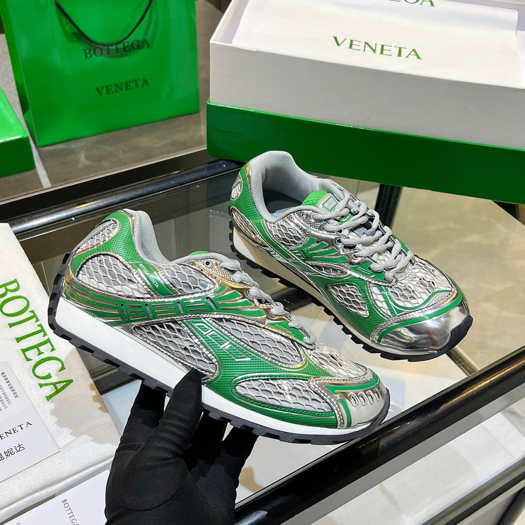 BOTTEGA VENETA 26S ORBIT SNEAKERS IN SILVER AND GREEN TECHNICAL MESH