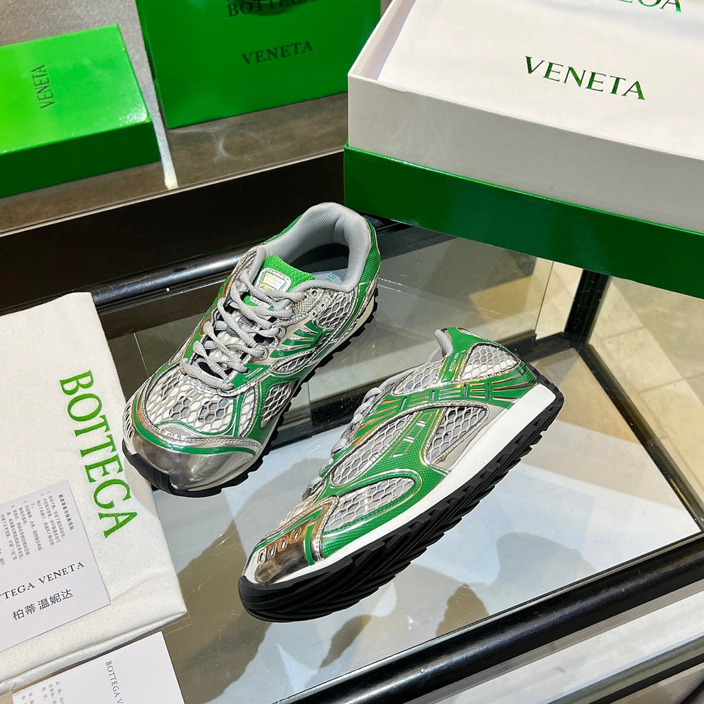 BOTTEGA VENETA 26S ORBIT SNEAKERS IN SILVER AND GREEN TECHNICAL MESH