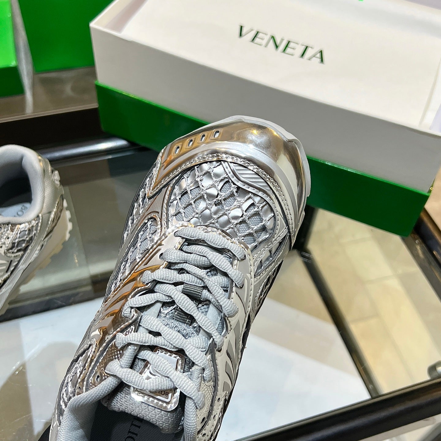 BOTTEGA VENETA 26S ORBIT SNEAKERS IN SILVER TECHNICAL MESH