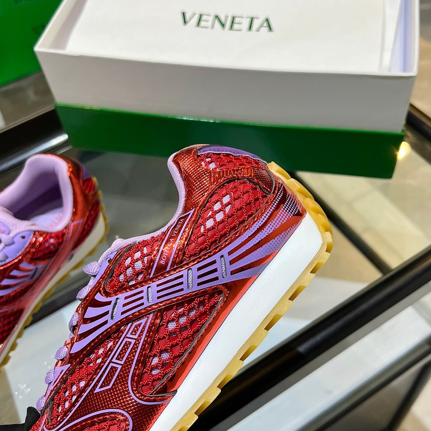 BOTTEGA VENETA 26S ORBIT SNEAKERS IN RED AND PURPLE TECHNICAL MESH