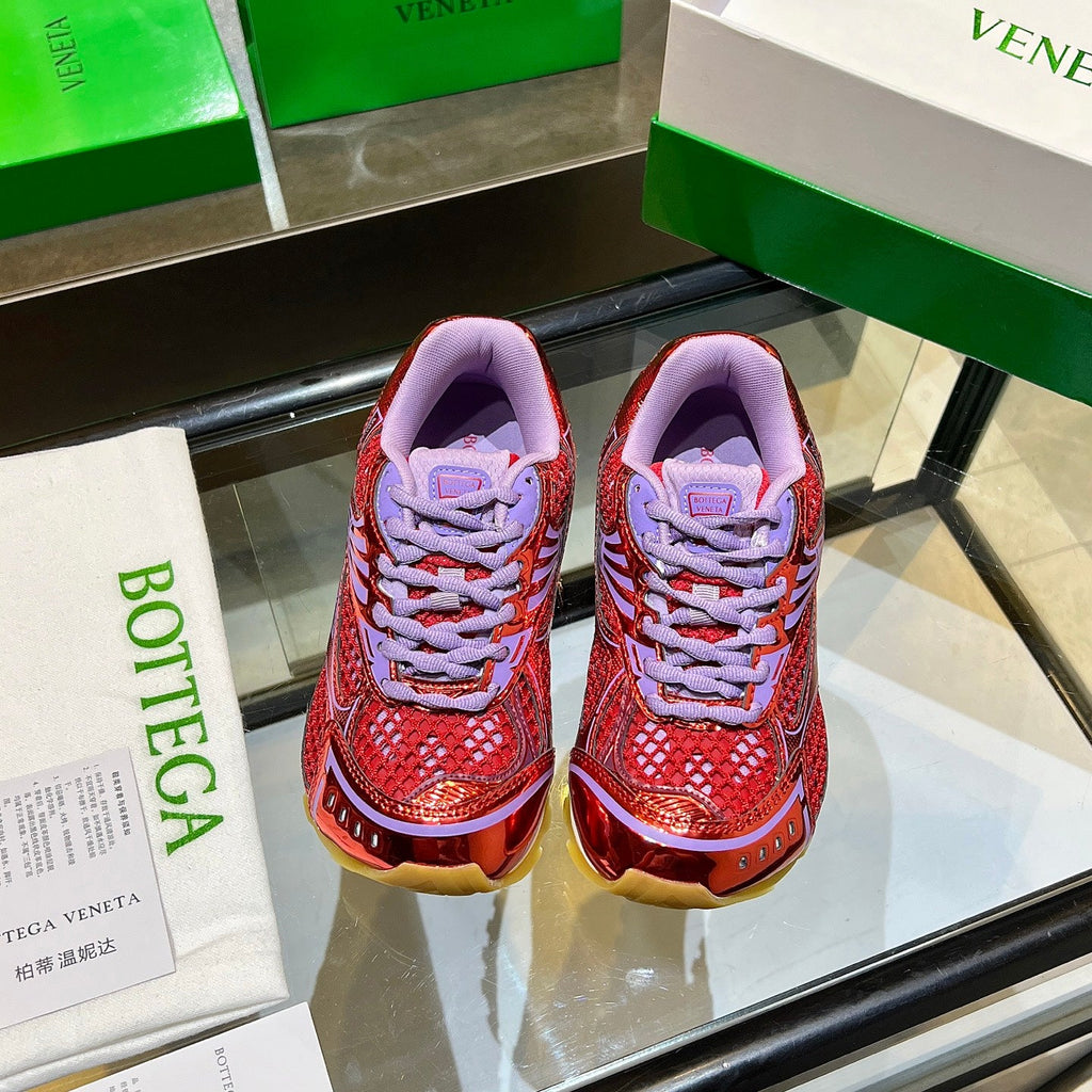 BOTTEGA VENETA 26S ORBIT SNEAKERS IN RED AND PURPLE TECHNICAL MESH