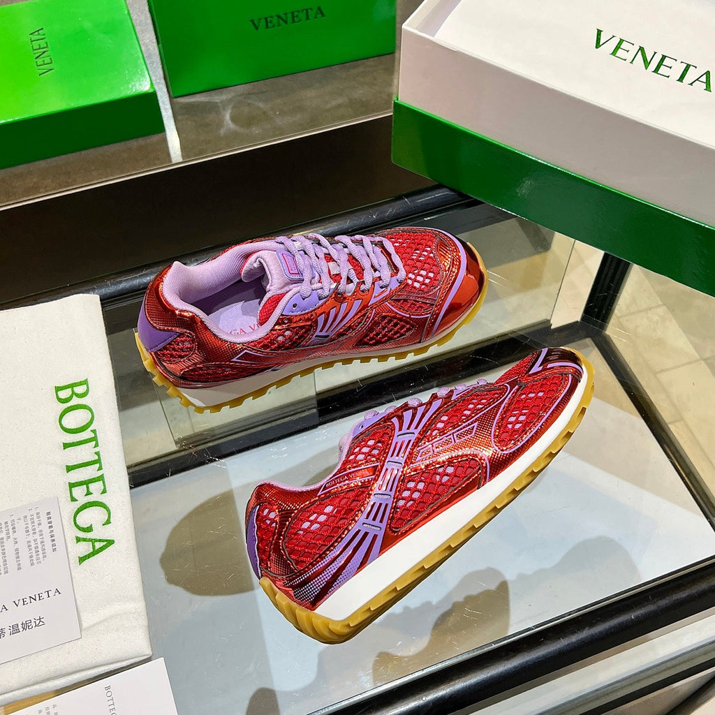 BOTTEGA VENETA 26S ORBIT SNEAKERS IN RED AND PURPLE TECHNICAL MESH