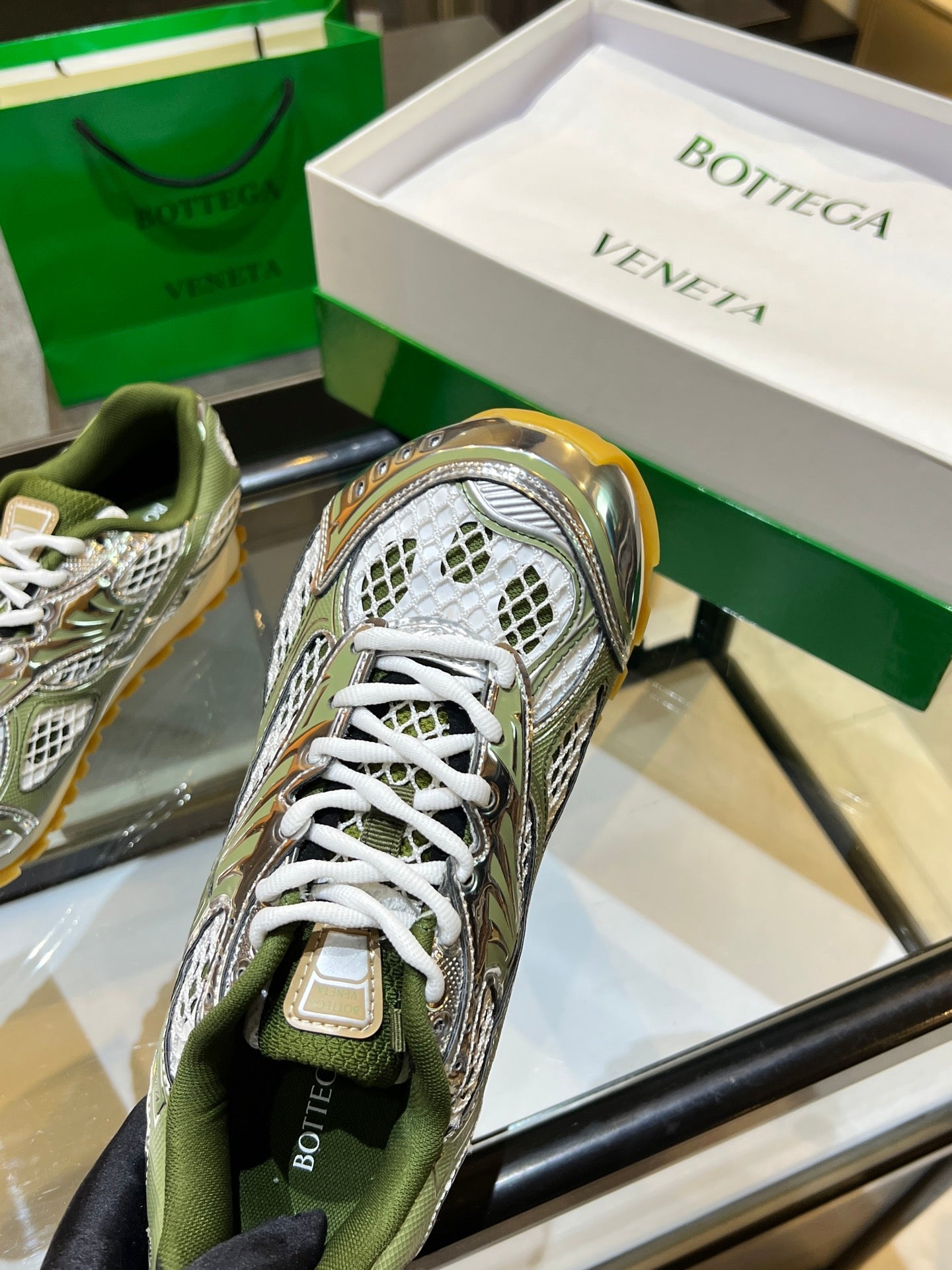 BOTTEGA VENETA 26S ORBIT SNEAKERS IN SILVER AND MOSS GREEN TECHNICAL MESH
