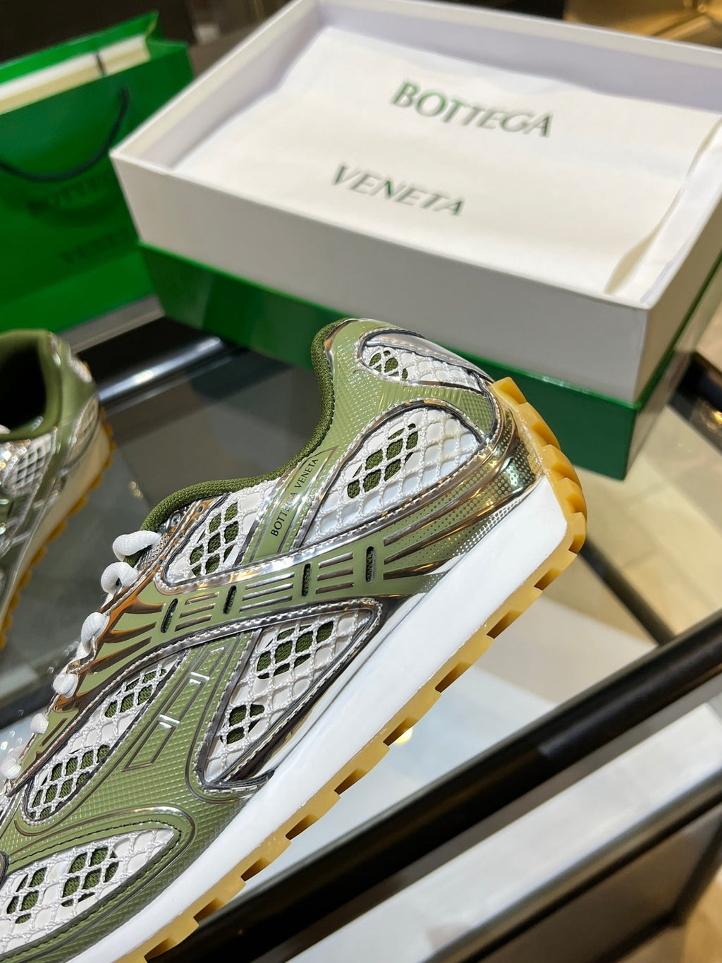 BOTTEGA VENETA 26S ORBIT SNEAKERS IN SILVER AND MOSS GREEN TECHNICAL MESH