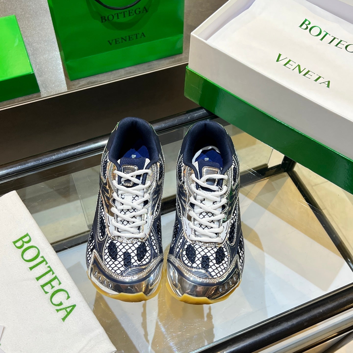 BOTTEGA VENETA 26S ORBIT SNEAKERS IN SILVER AND NAVY BLUE TECHNICAL MESH