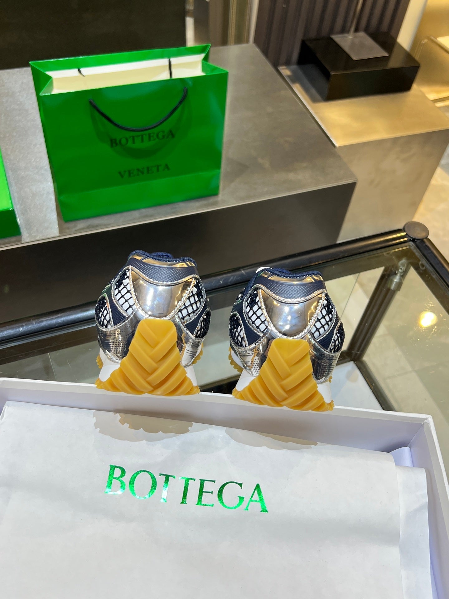 BOTTEGA VENETA 26S ORBIT SNEAKERS IN SILVER AND NAVY BLUE TECHNICAL MESH