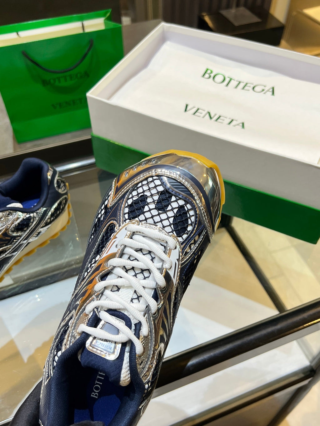 BOTTEGA VENETA 26S ORBIT SNEAKERS IN SILVER AND NAVY BLUE TECHNICAL MESH