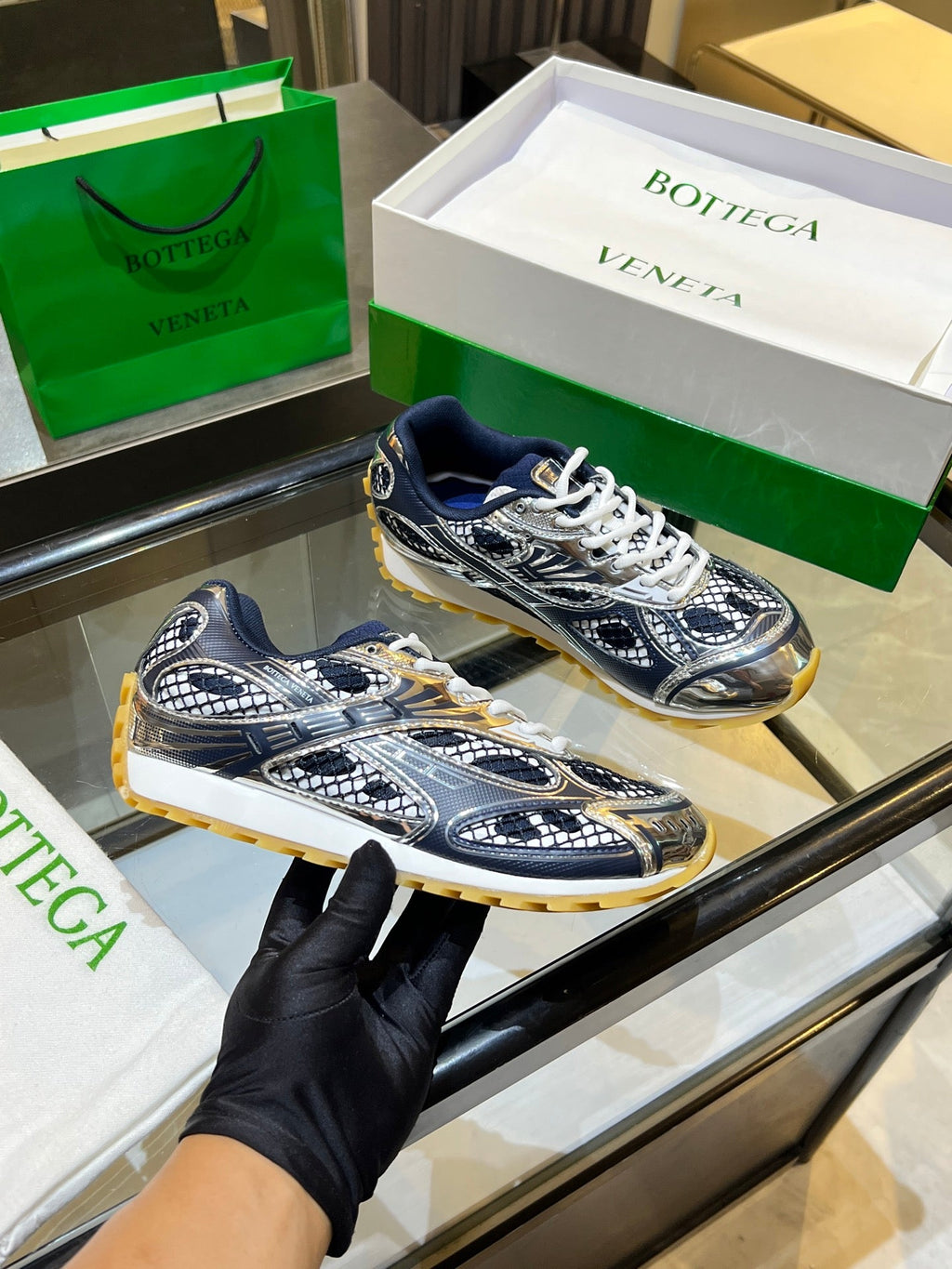 BOTTEGA VENETA 26S ORBIT SNEAKERS IN SILVER AND NAVY BLUE TECHNICAL MESH
