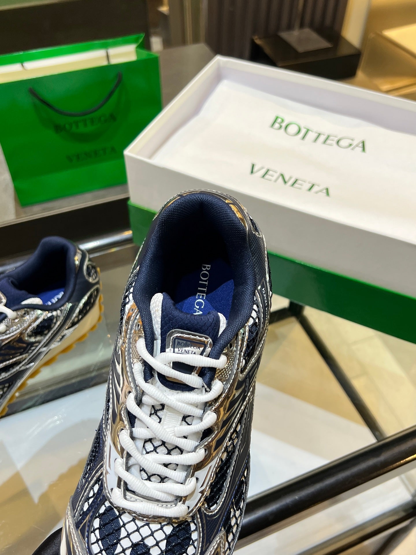 BOTTEGA VENETA 26S ORBIT SNEAKERS IN SILVER AND NAVY BLUE TECHNICAL MESH