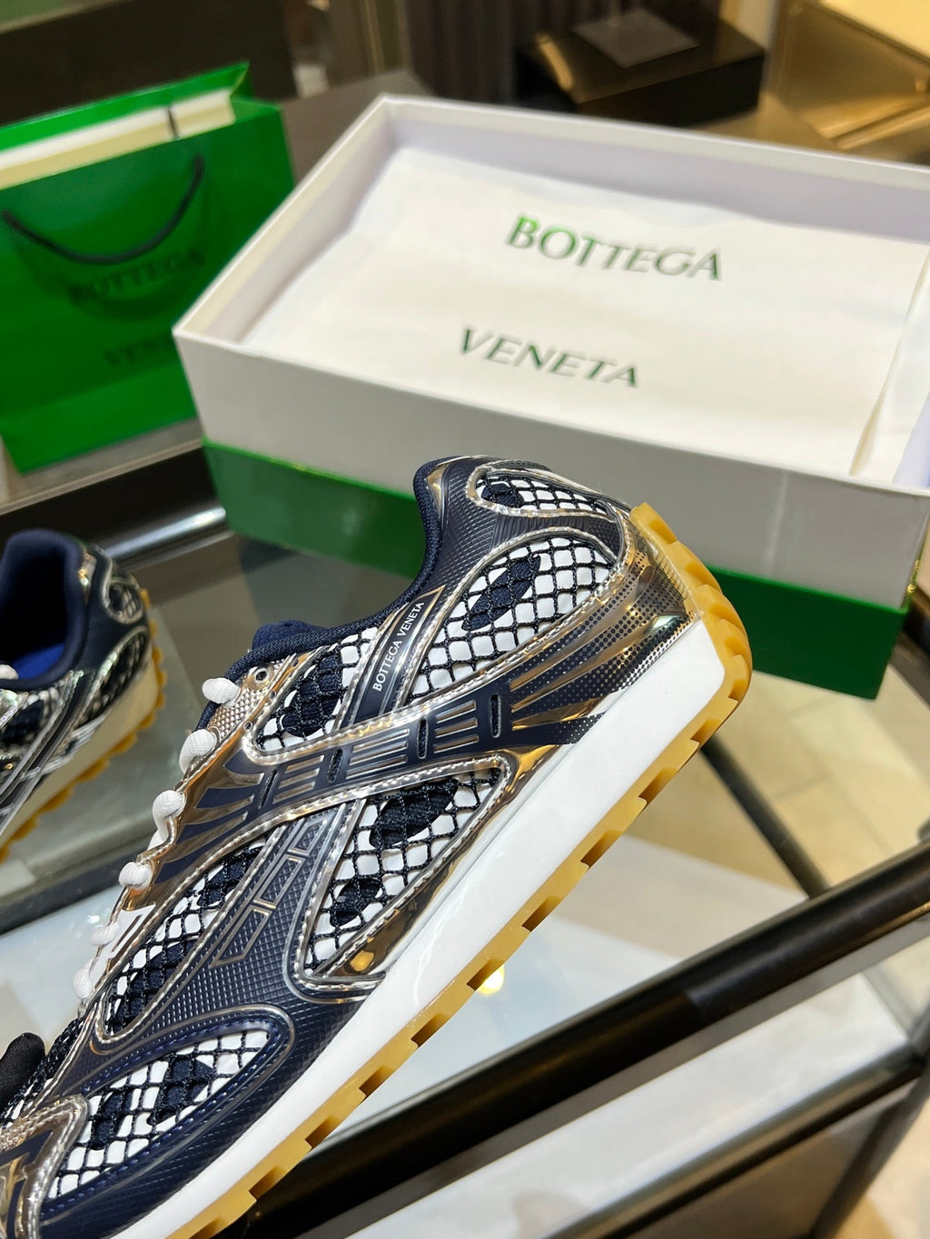 BOTTEGA VENETA 26S ORBIT SNEAKERS IN SILVER AND NAVY BLUE TECHNICAL MESH