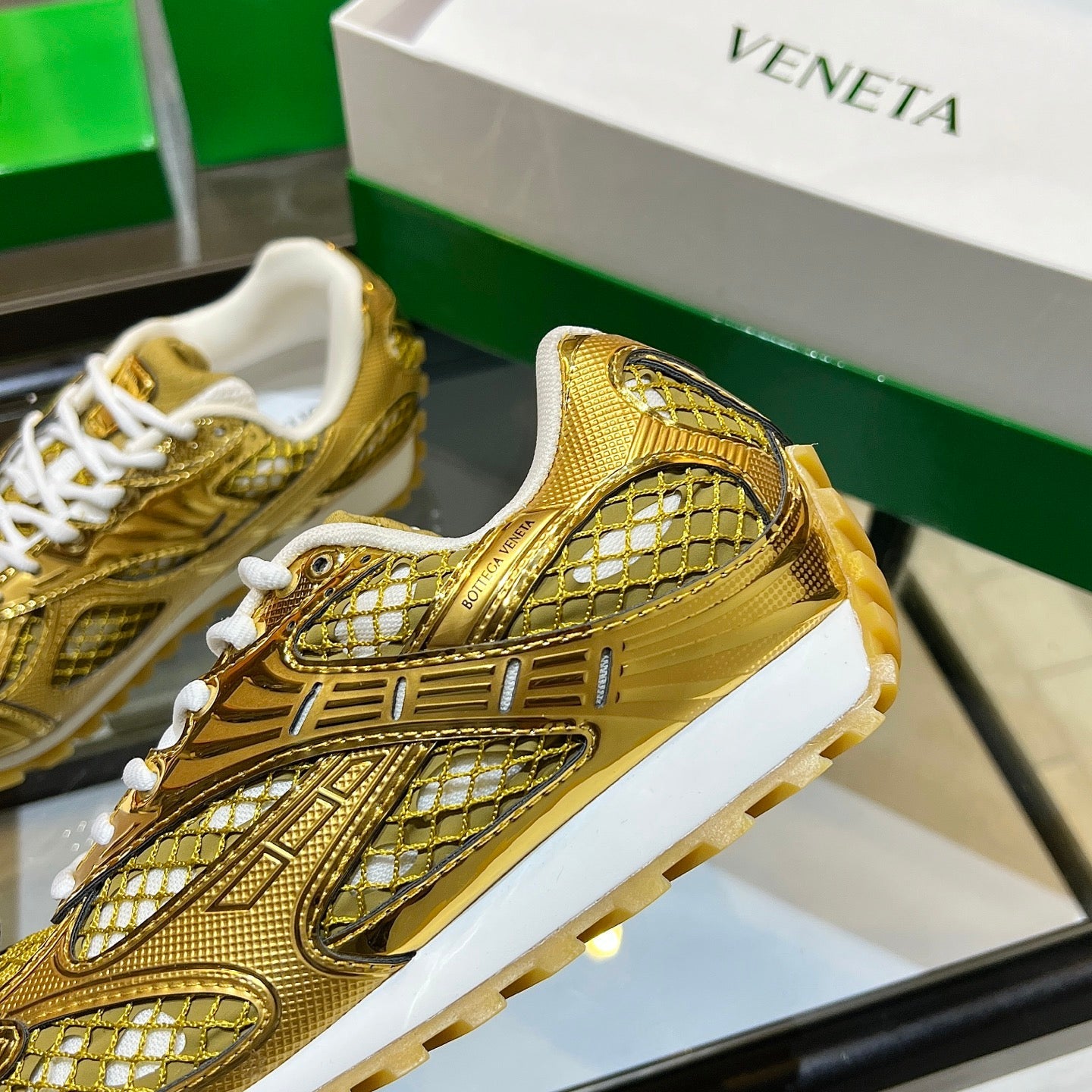 BOTTEGA VENETA 26S ORBIT SNEAKERS IN GOLD TECHNICAL MESH
