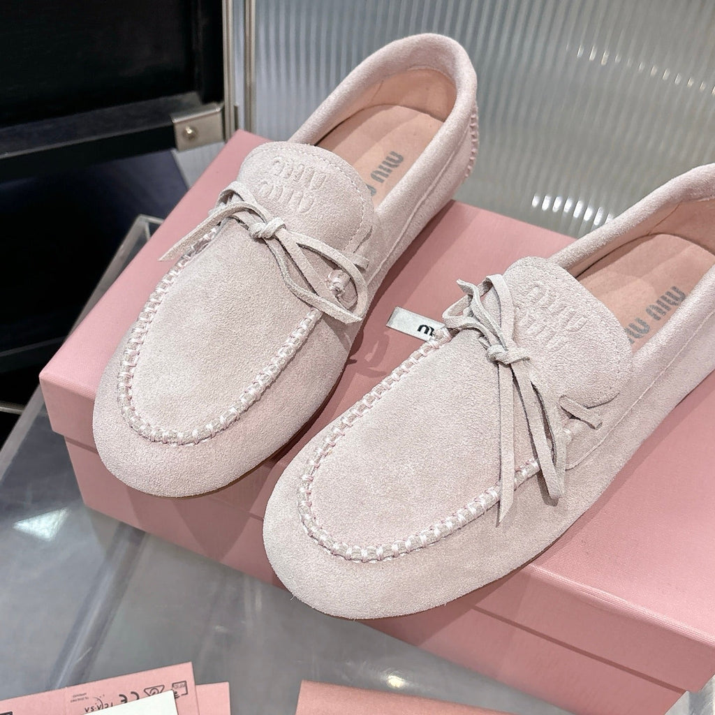 MIUMIU 26S LOAFERS IN LIGHT PINK SUEDE WITH BOW