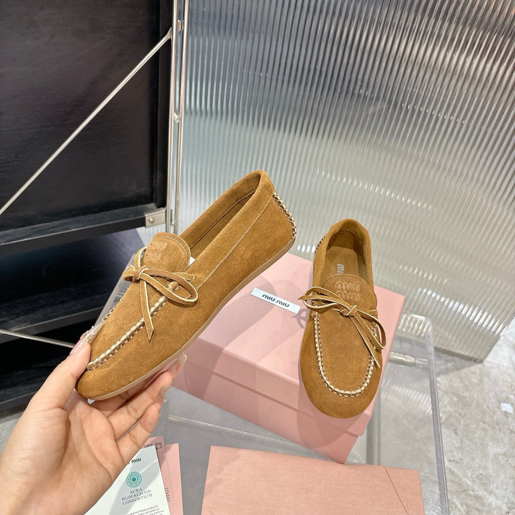 MIUMIU 26S LOAFERS IN TAN BROWN SUEDE WITH BOW