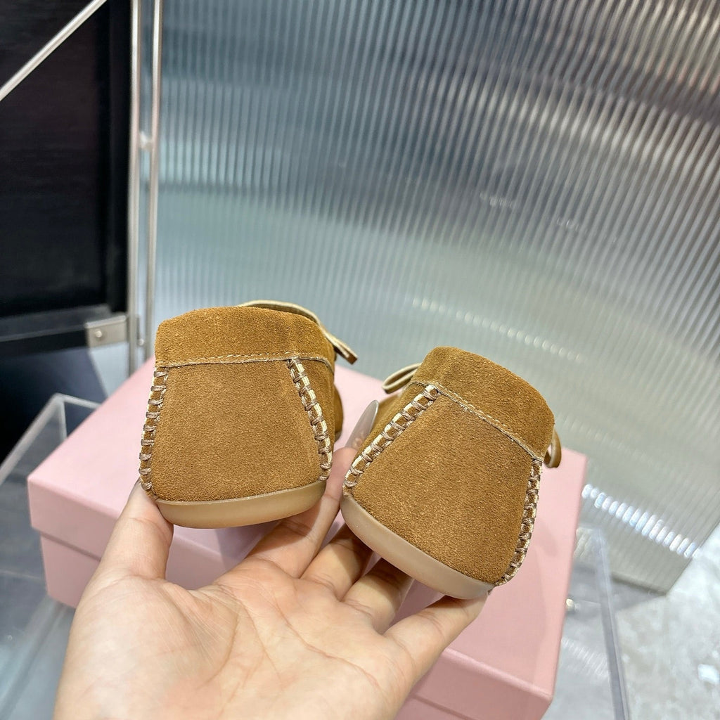 MIUMIU 26S LOAFERS IN TAN BROWN SUEDE WITH BOW
