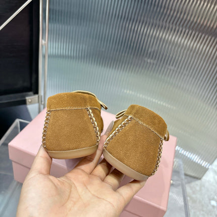 MIUMIU 26S LOAFERS IN TAN BROWN SUEDE WITH BOW