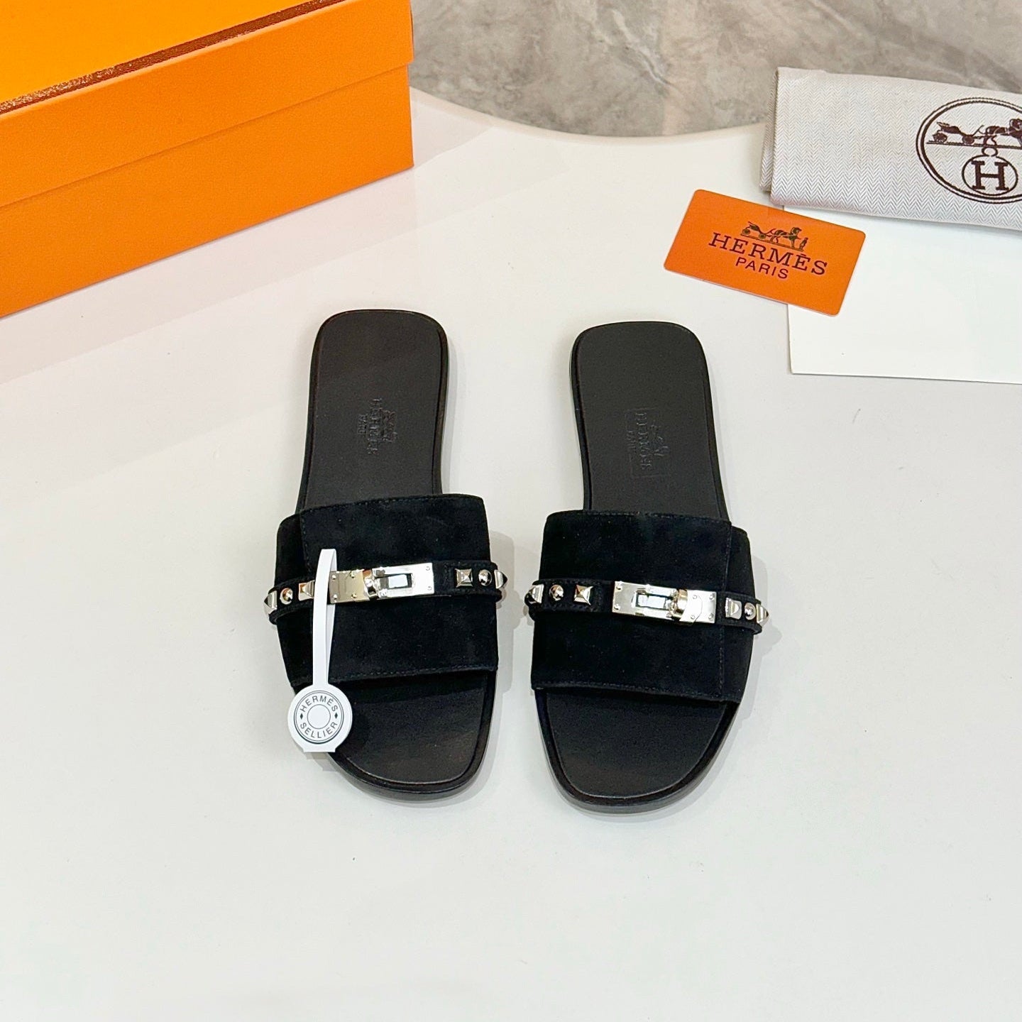 HM 26S GIULIA SANDAL IN BLACK SUEDE AND CALFSKIN SILVER HARDWARE