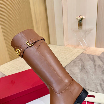 VALENTINO 26S TALL BOOTS IN COGNAC BROWN CALFSKIN