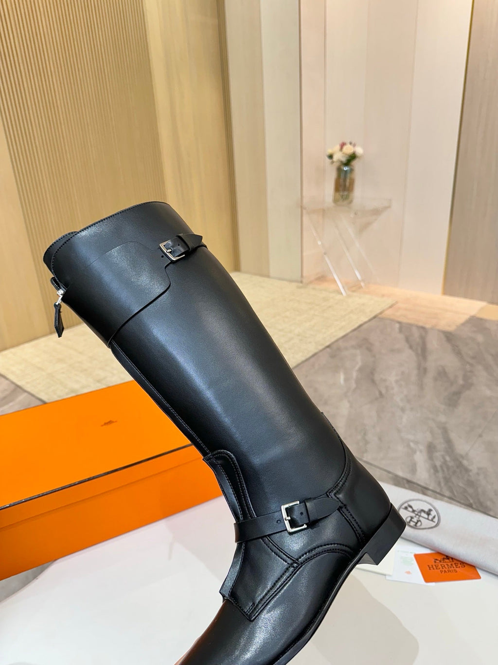 HM 25S RIDING BOOTS IN BLACK LAMBSKIN WITH SILVER HARDWARE