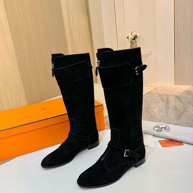 HM 25S RIDING BOOTS IN BLACK SUEDE WITH SILVER HARDWARE