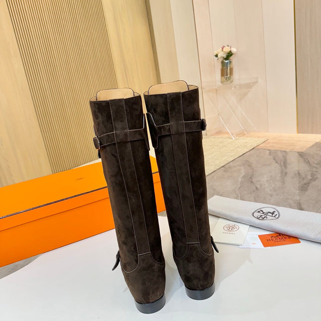 HM 25S RIDING BOOTS IN DARK COFFEE BROWN SUEDE WITH SILVER HARDWARE