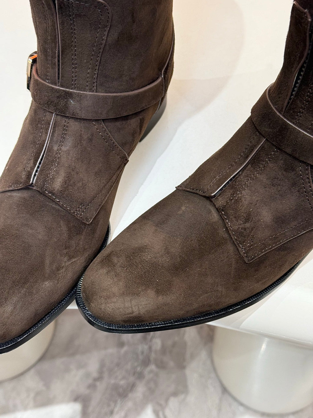HM 25S RIDING BOOTS IN DARK COFFEE BROWN SUEDE WITH SILVER HARDWARE