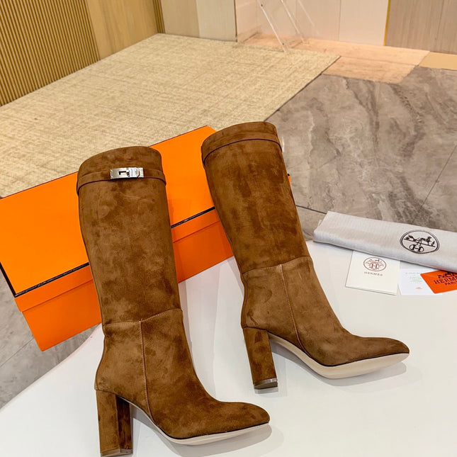 HM 25S KELLY KNEE-HIGH BOOTS IN BROWN SUEDE WITH SILVER HARDWARE
