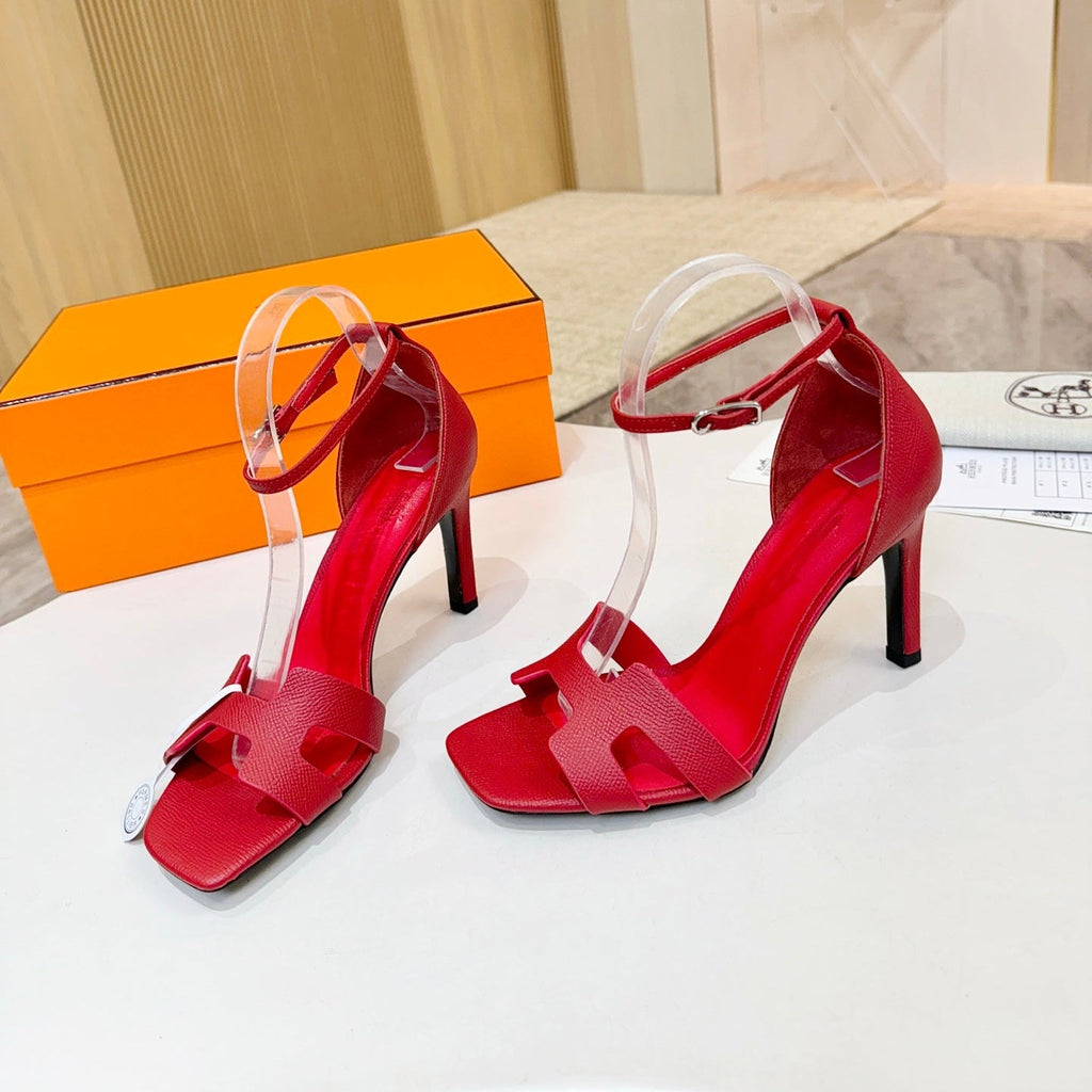 HM 26S H HIGH HEEL SANDALS 90MM IN DEEP RED GRAINED CALFSKIN