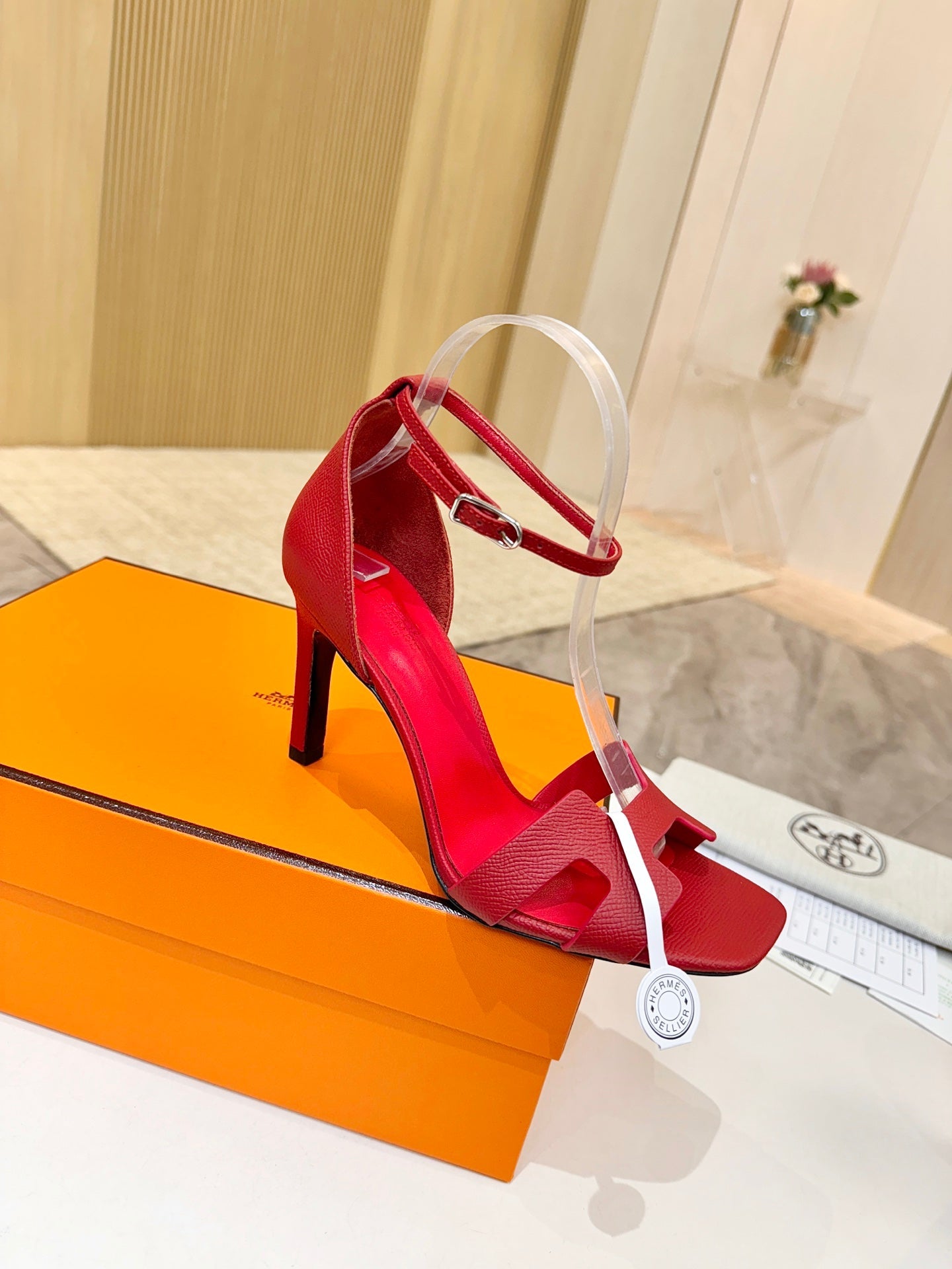 HM 26S H HIGH HEEL SANDALS 90MM IN DEEP RED GRAINED CALFSKIN
