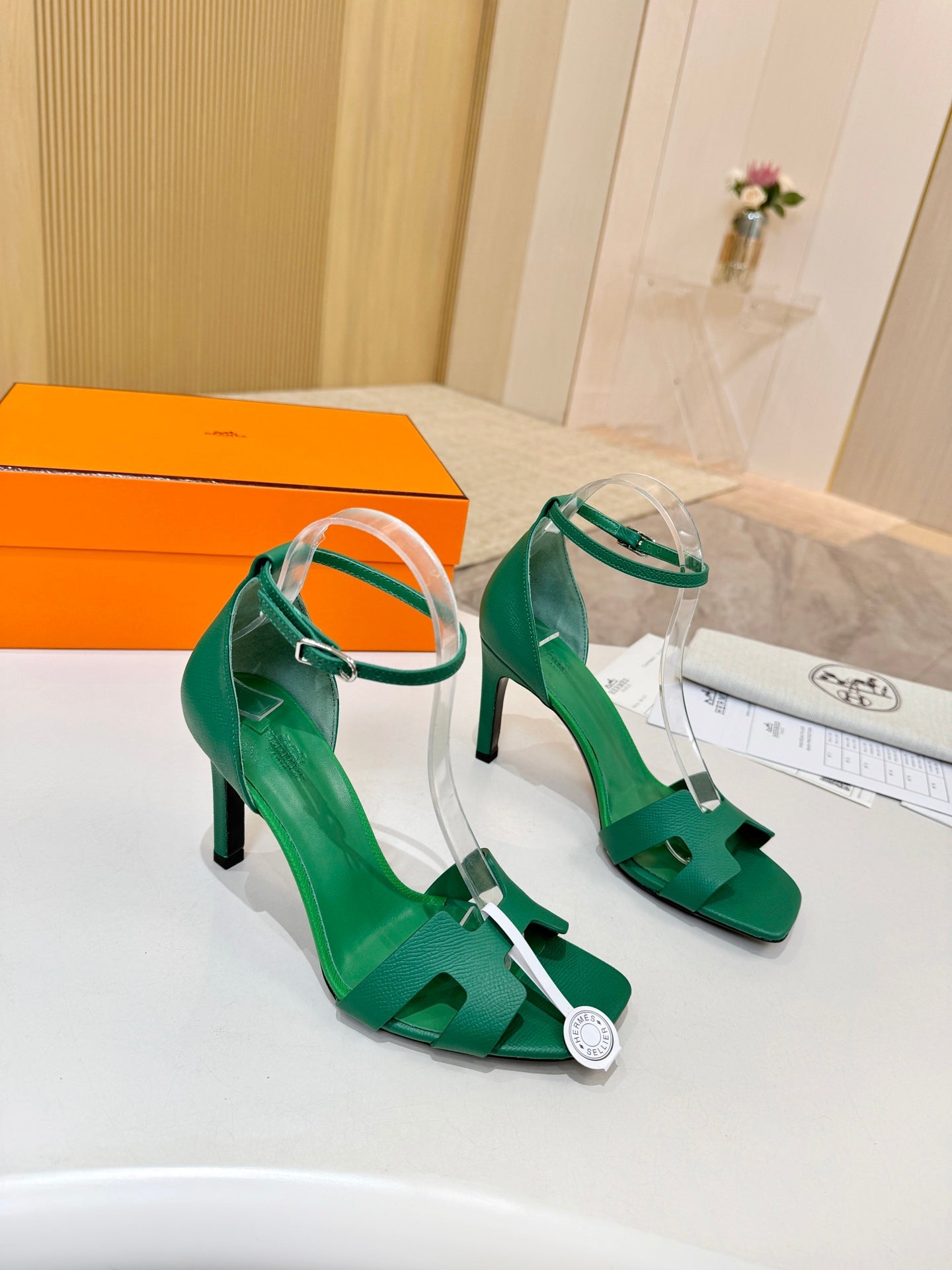 HM 26S H HIGH HEEL SANDALS 90MM IN GREEN GRAINED CALFSKIN