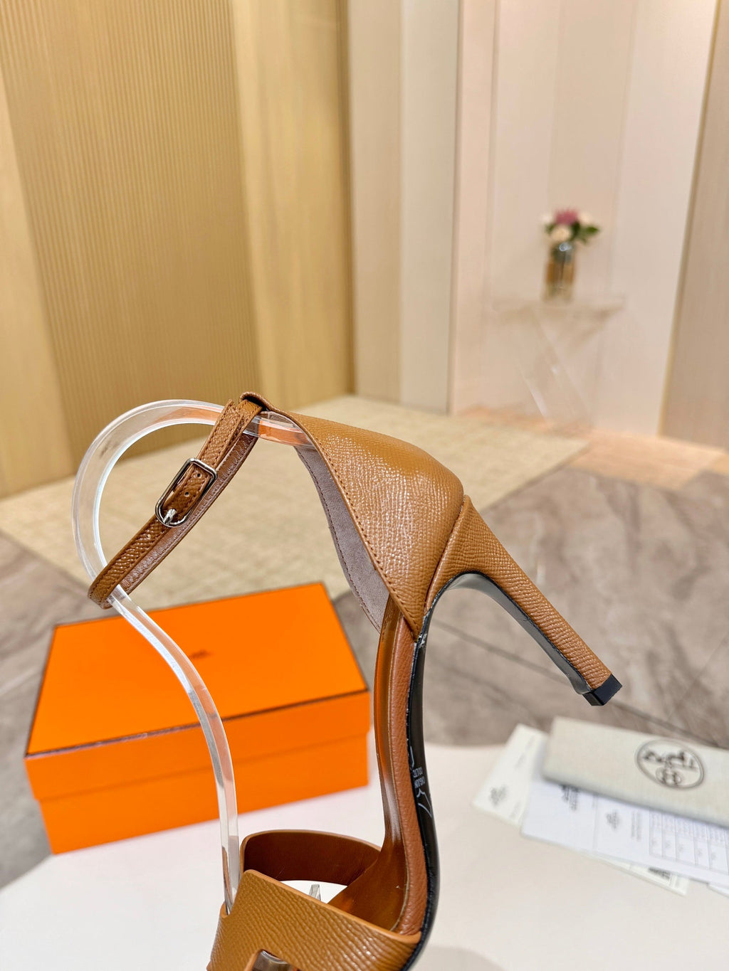 HM 26S H HIGH HEEL SANDALS 90MM IN TAN BROWN GRAINED CALFSKIN