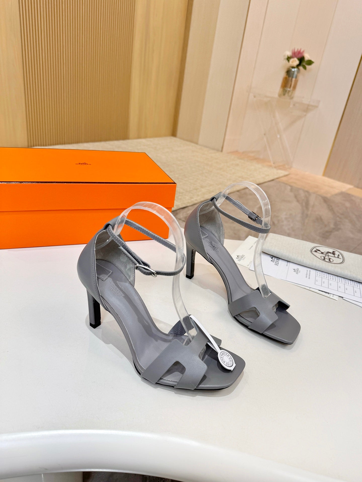 HM 26S H HIGH HEEL SANDALS 90MM IN GREY CALFSKIN