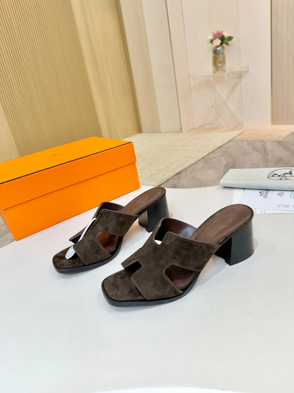 HM 26S HELIA SANDAL 70MM IN DARK BROWN SUEDE