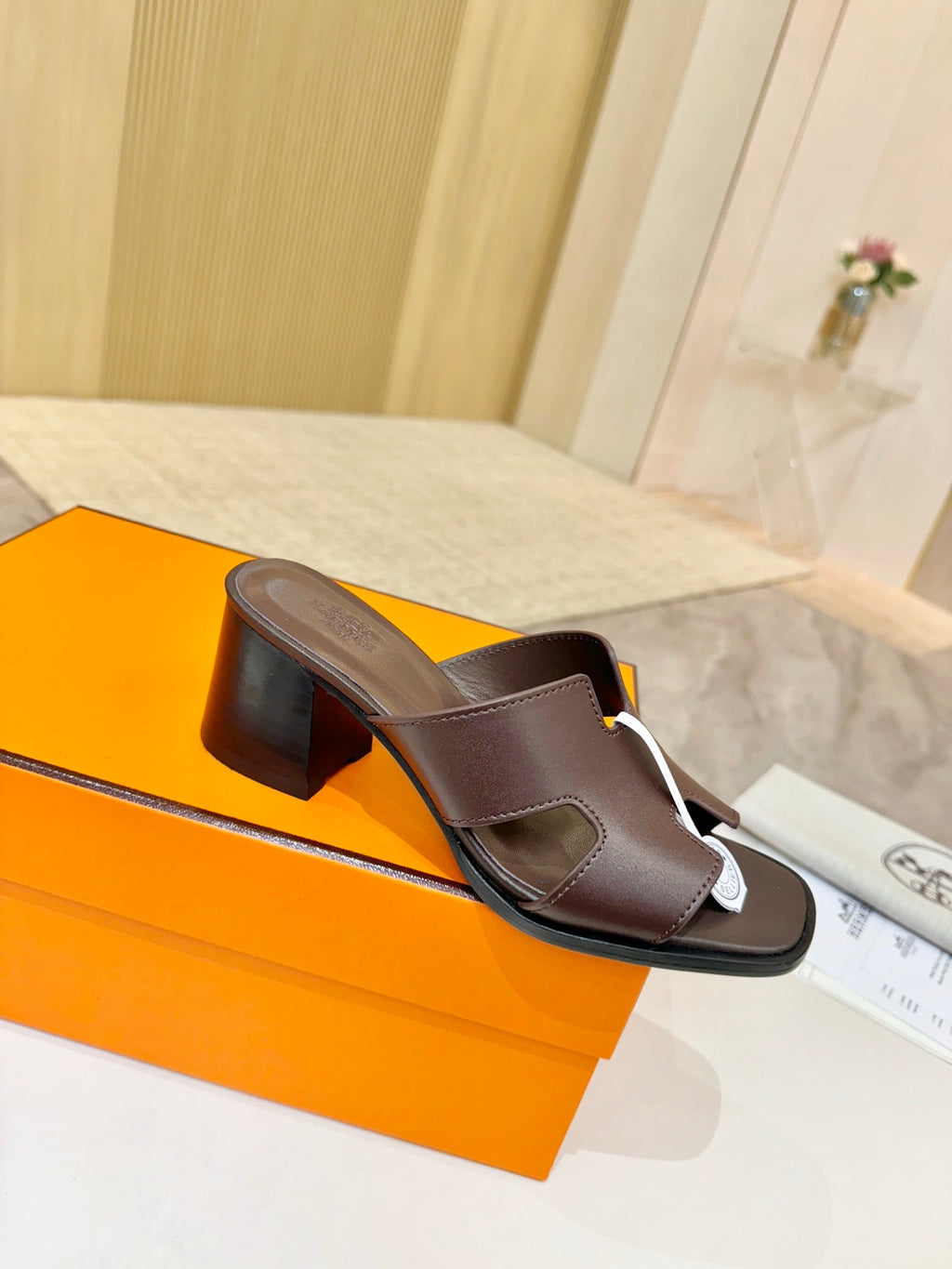 HM 26S HELIA SANDAL 70MM IN DARK BROWN CALFSKIN