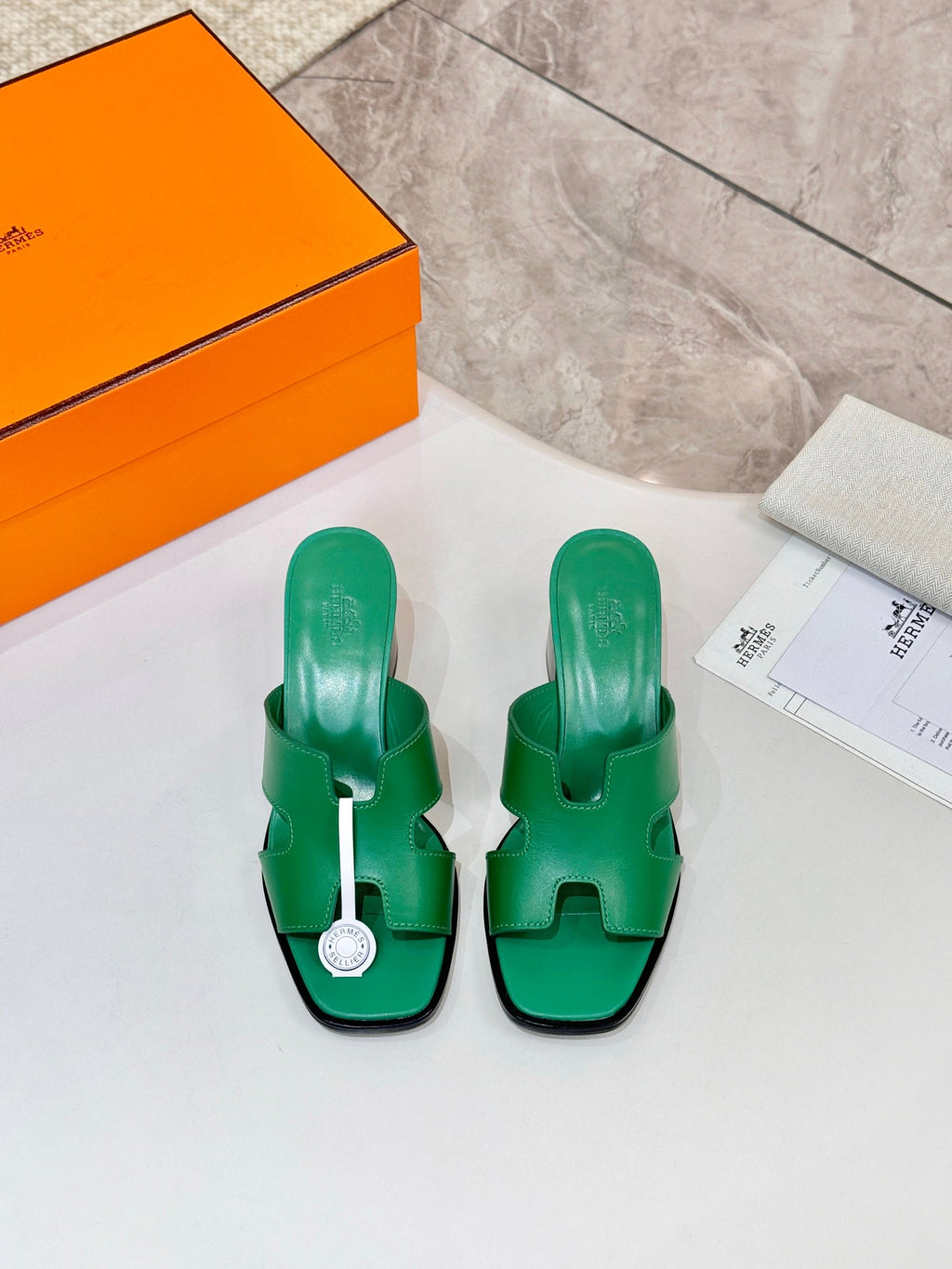 HM 26S HELIA SANDAL 70MM IN GREEN CALFSKIN