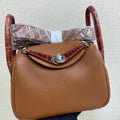 HM 25S MINI LINDY 19 CM IN BROWN COWHIDE WITH CROCODILE HANDLE AND SILVER HARDWARE