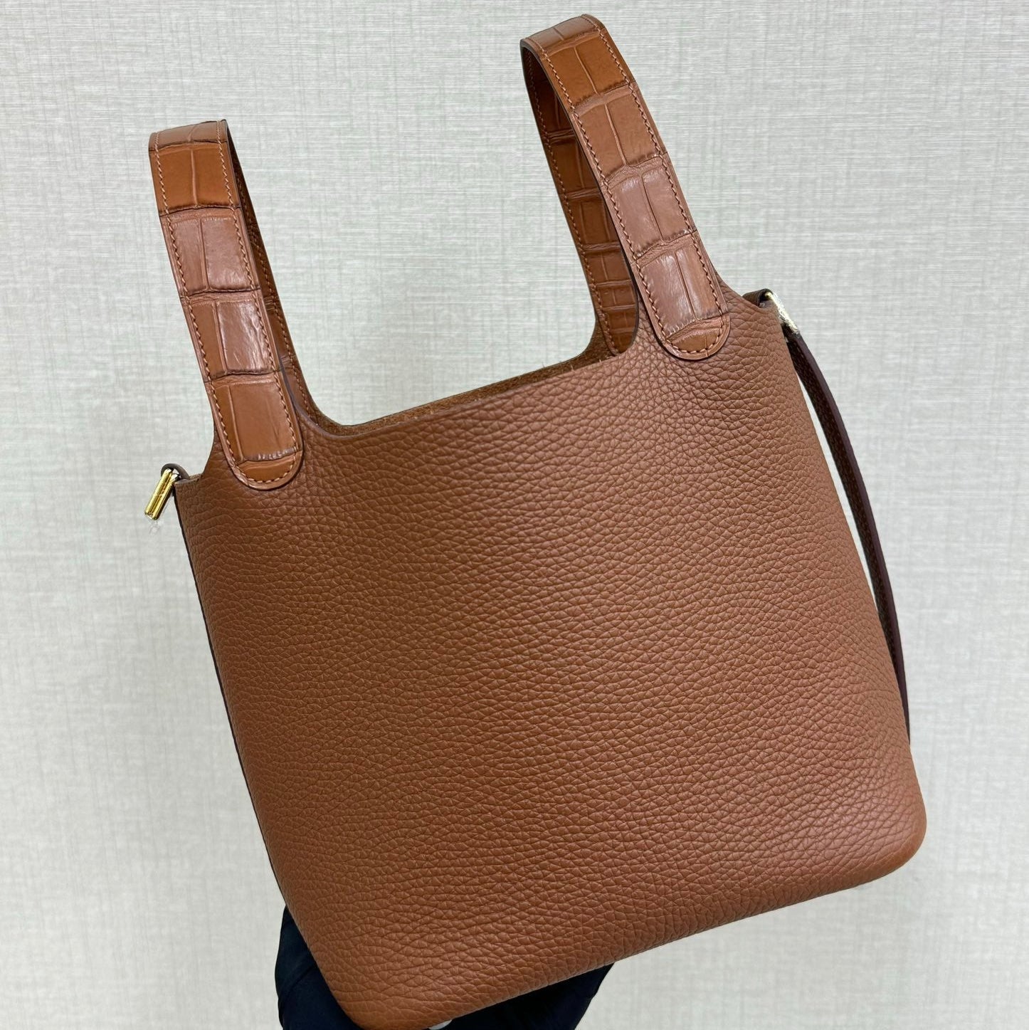 HM 25S PICOTIN LOCK 18 CM IN BROWN COWHIDE WITH CROCODILE HANDLE STYLE 2