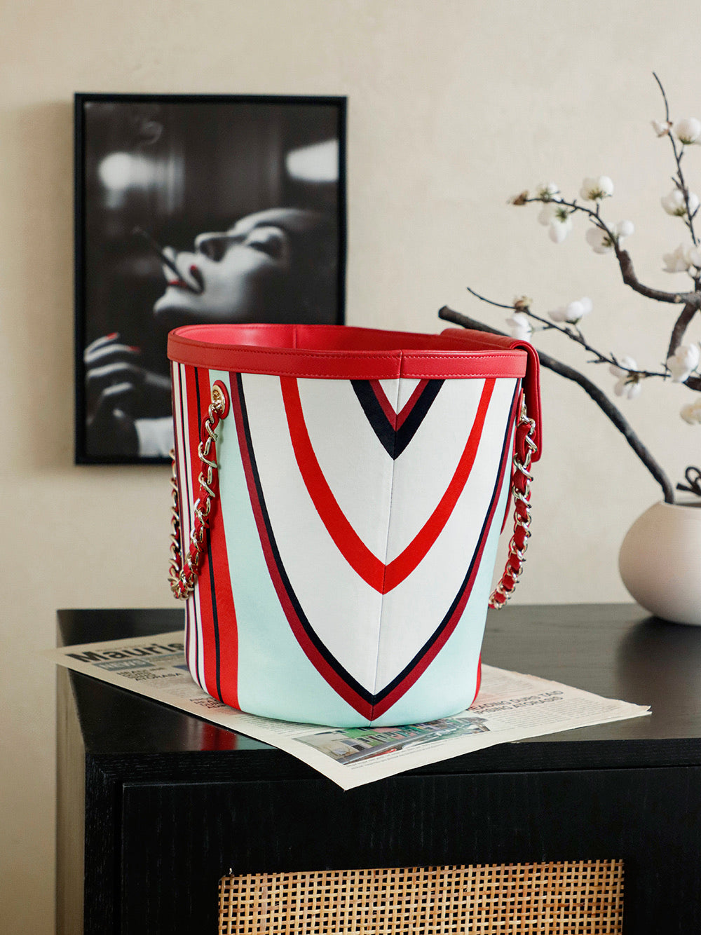 CHANEL 26S LARGE TOTE BAG 54 IN RED MULTICOLOR CANVAS AND CALFSKIN GOLD HARDWARE