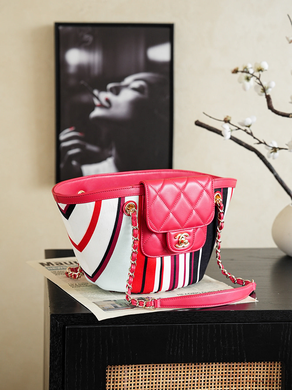 CHANEL 26S TOTE BAG 41 IN RED MULTICOLOR CANVAS AND CALFSKIN GOLD HARDWARE